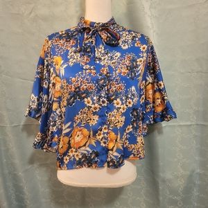 LUMINA blue and orange floral tunic/cape top with neck bow Size M